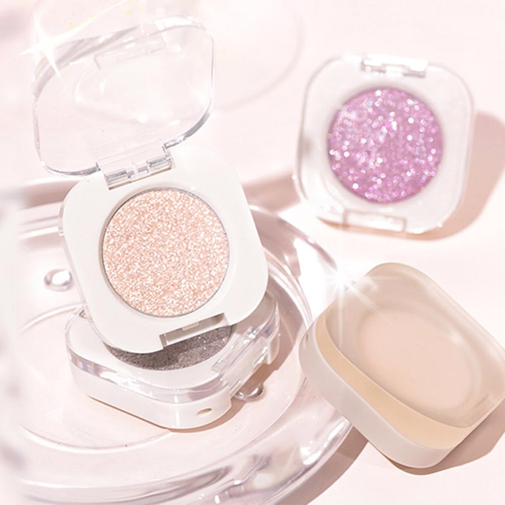 2Pcs Glitter Shimmer Sparkle Eyeshadow Palette Makeup For Women, Light Brown & Silver Glitter Shimmer Metallic Holographic Multichrome Cream Iridescent Single Monochrome Eye Shadow Makeup