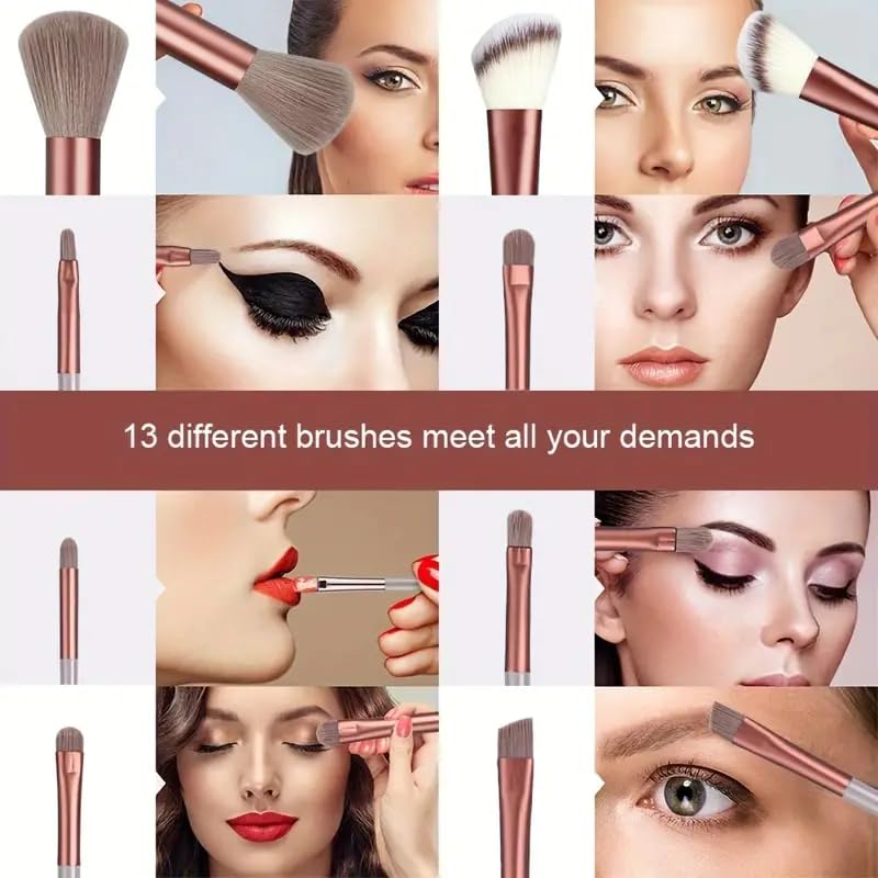 Foundation Makeup Brush Set Kit | 13 Pcs Premium Synthetic Kabuki Eye Shadows Make Up Brushes + 1 Sponge + 1 Brush Bag for Travel and Home Use (BROWN)
