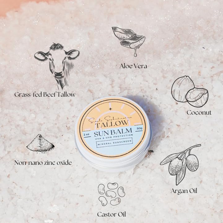 Tallow Sun Balm- with grassfed beef tallow, castor oil, zinc oxide | Mineral Sunscreen | Natural, Organic | Reef Safe, Ocean Friendly | Spf 30 - suitable for sensitive skin (2 oz) (Medium)