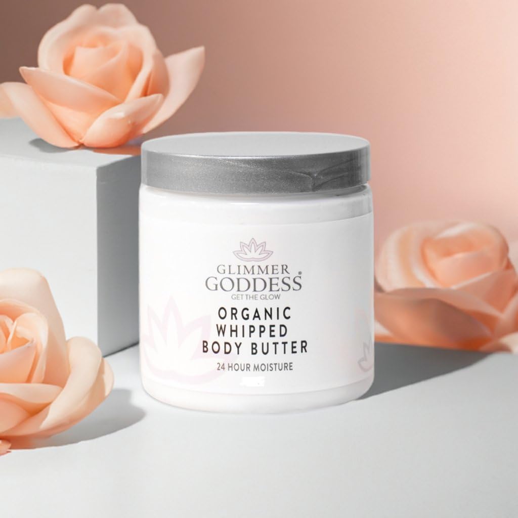 Glimmer Goddess Organic Whipped Body Butter for Women - Moisturizer Cream with Shea & Cocoa Butter, Almonds & Coconut Oil - Mango Vanilla, 8oz