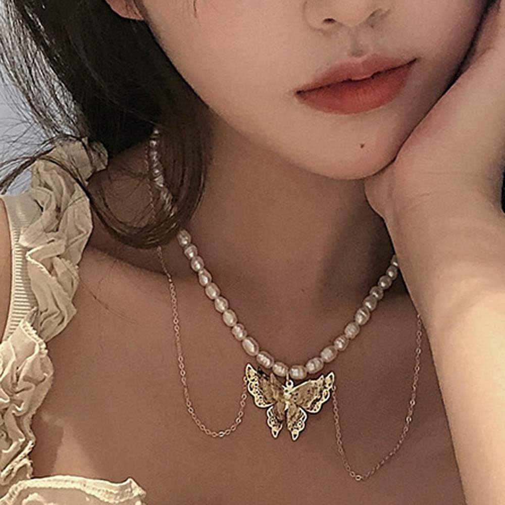 Bohemian Layered Necklace with Butterfly Pendant Fashion Beaded Necklaces Tassel Chain Jewelry for women and girls