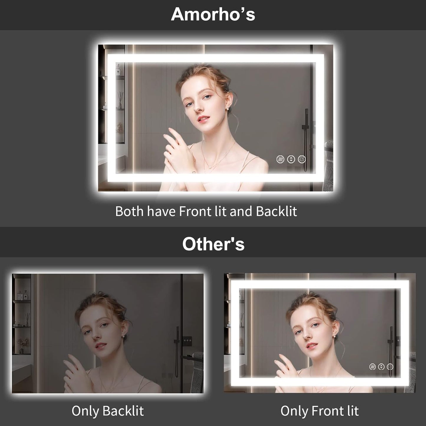 Amorho LED Bathroom Mirror 65" X36" with Front and Backlight, Stepless Dimmable Wall Mirrors with Anti-Fog, Shatter-Proof, Memory, 3 Colors, Double LED Vanity Mirror