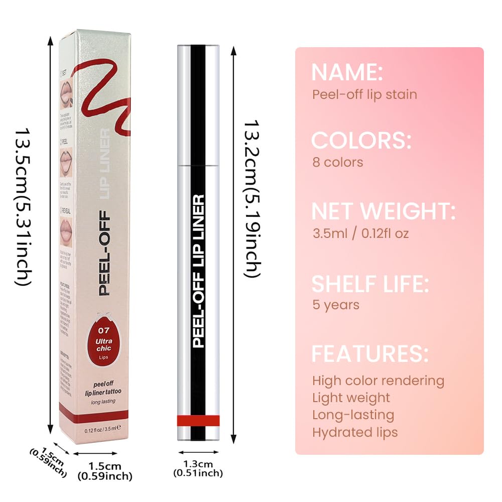 Matte Lip Stain Peel Off Lip Liner, Orange Red Peel Off Lip Stain Tattoo,Long Lasting & Waterproof Peel Off Lip Gloss Lip Liner,Transfer-Proof All Skin Types.0.12 fl oz #07