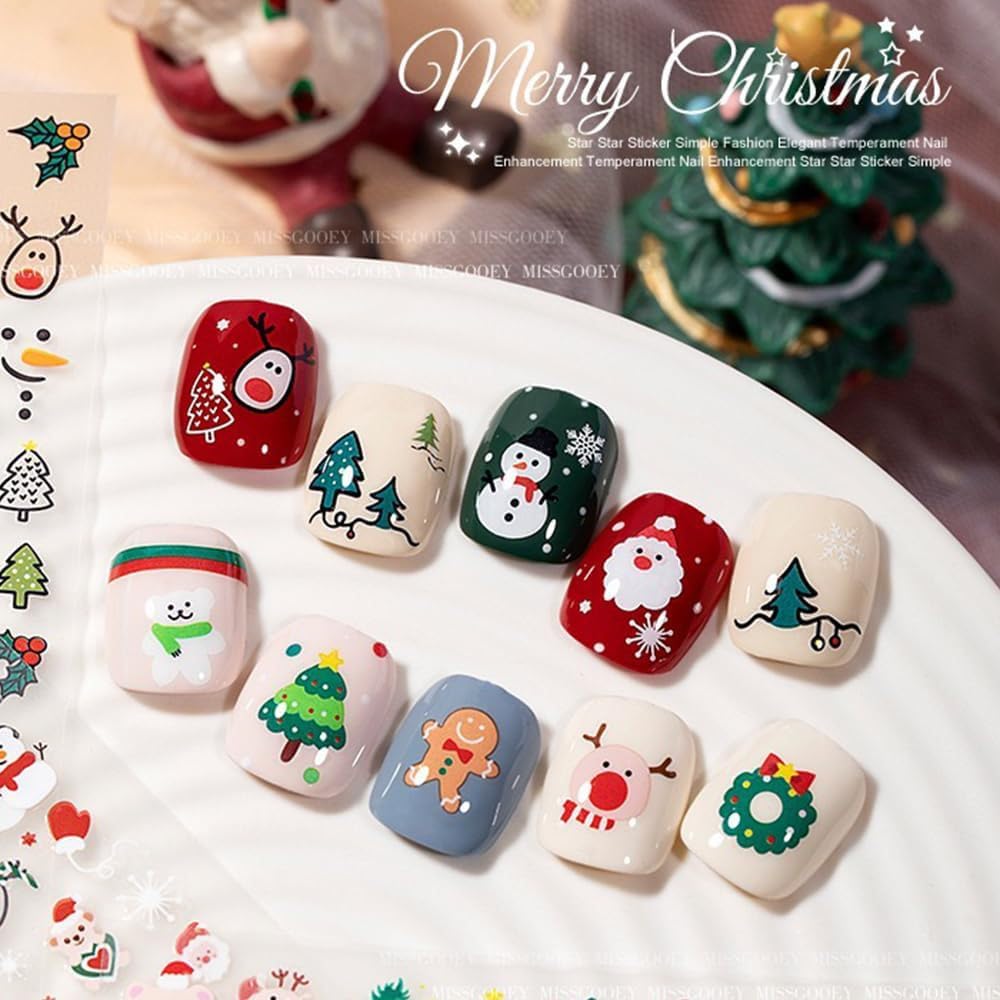 30 Sheets Christmas Nail Art Stickers 3D Self- Adhesive Snowflake Nail Charms Decals White Red Christmas Nail Decorations Accessories Supplies