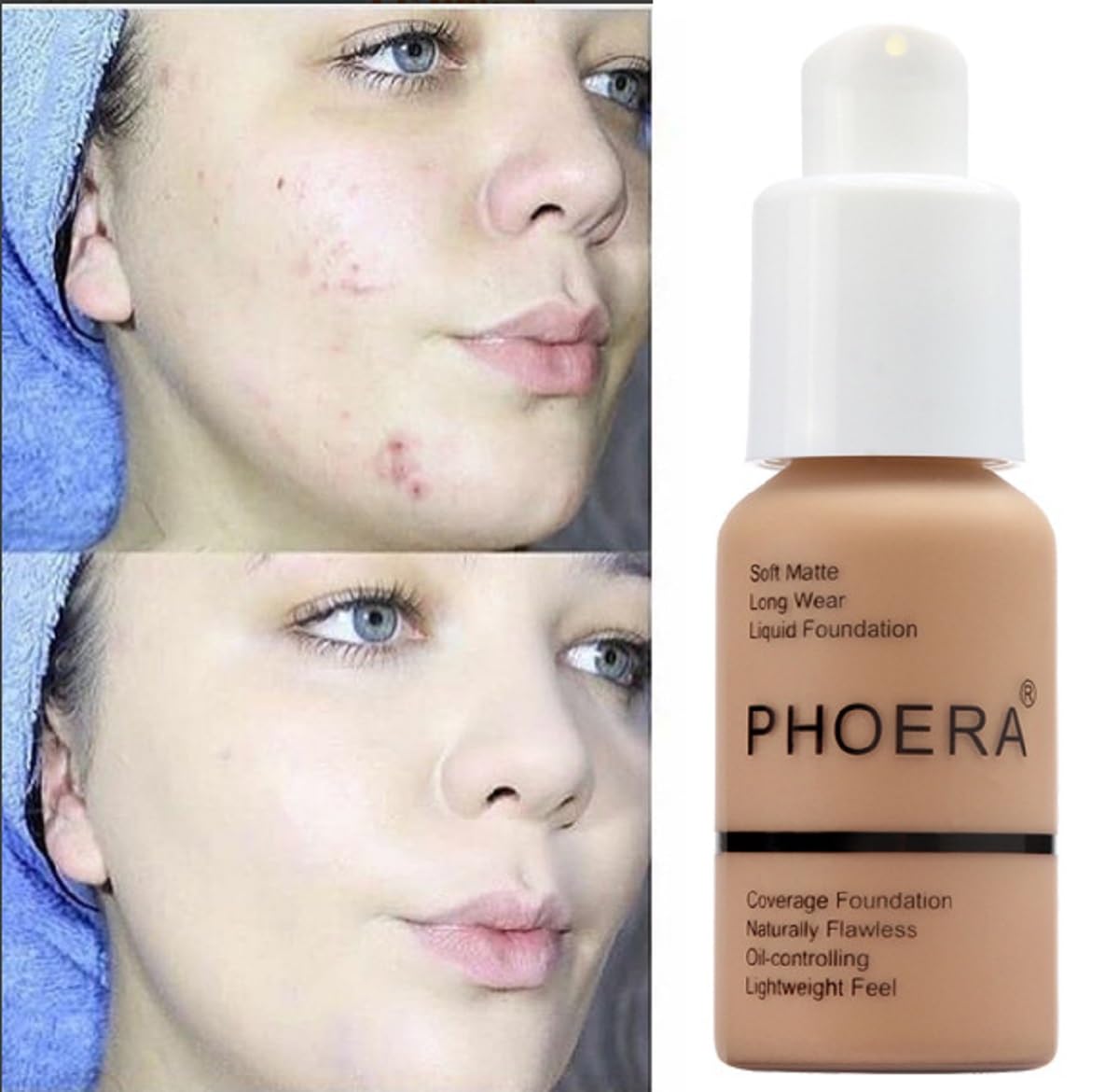 2 Pack PHOERA Foundation 104- Buff Beige and 105- Sand, Flawless Soft Matte Liquid Foundation 24 HR Oil Control Concealer Foundation Makeup.
