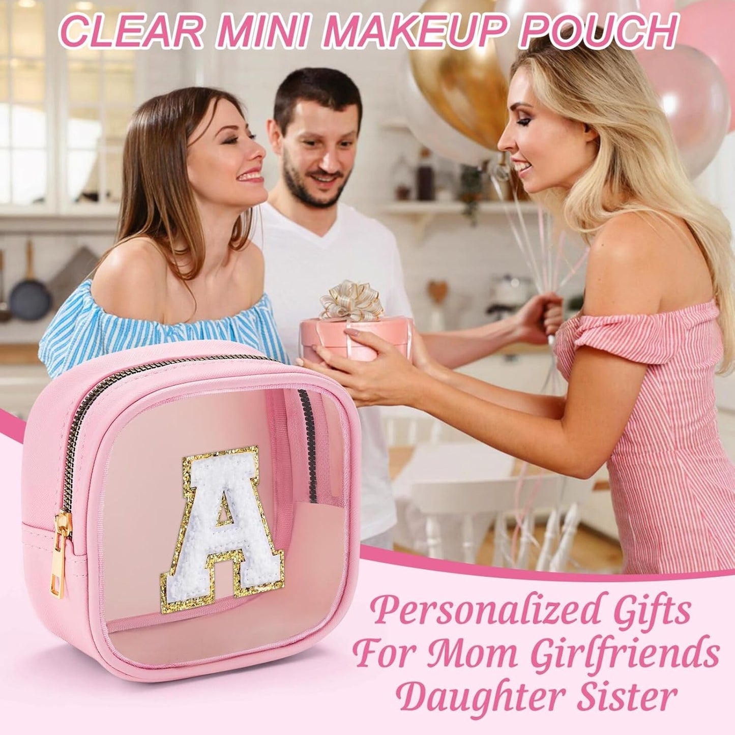 YOOLIFE Initial Make Up Bag Travel Toiletry Bag, Clear Makeup Bag Preppy Cosmetic Bags Organizer Travel Essentials Gifts for Women Teen Girlfriend Teacher Mom Birthday Gifts Small Makeup Bag Blue A