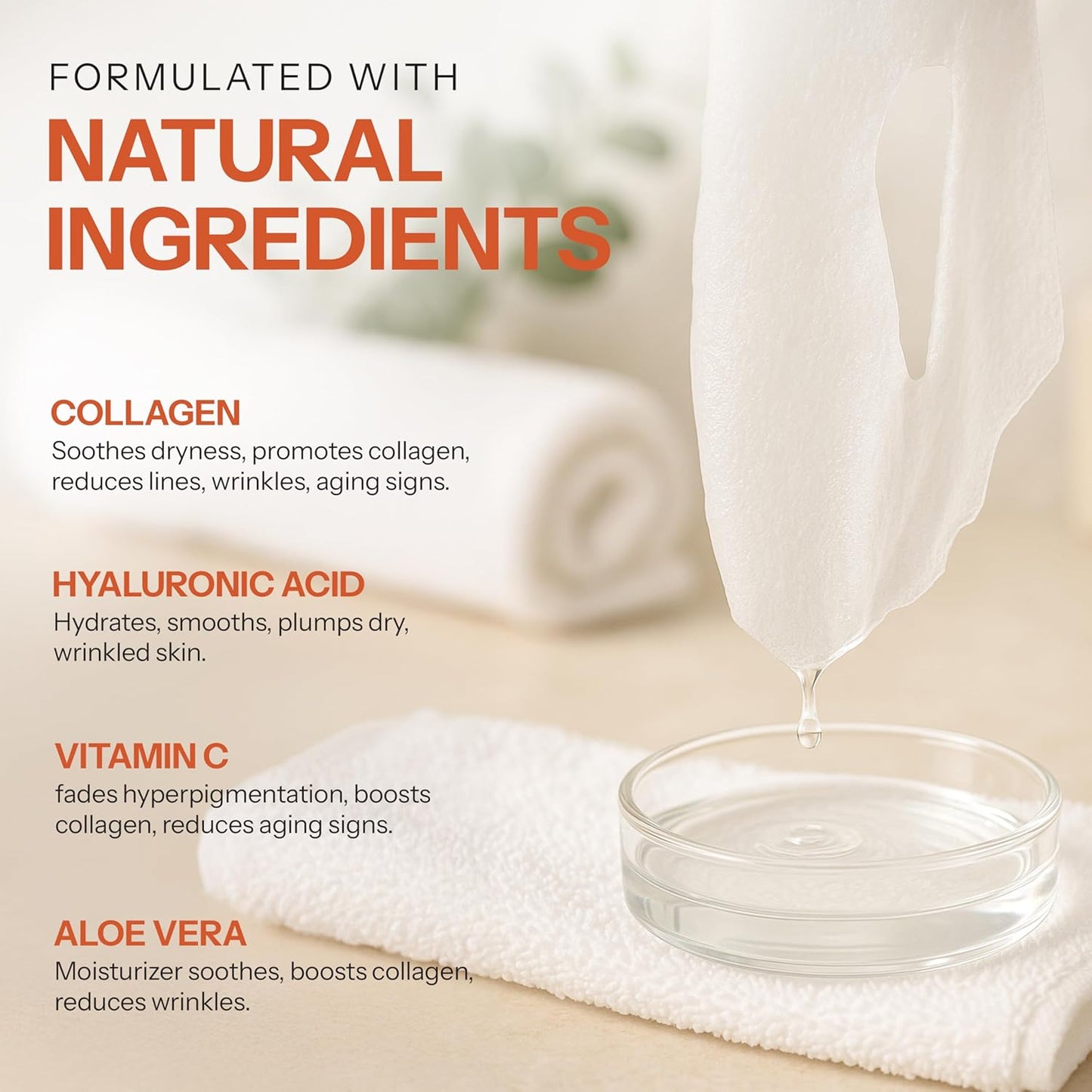Vitamin C & Collagen Sheet Mask - Anti-Aging, Wrinkle & Age Spot Reducer, Hydrating & Moisturizing - Dermatologist Tested Korean Skincare, Clean Beauty, Cruelty-Free, All Skin Types - 5 Masks