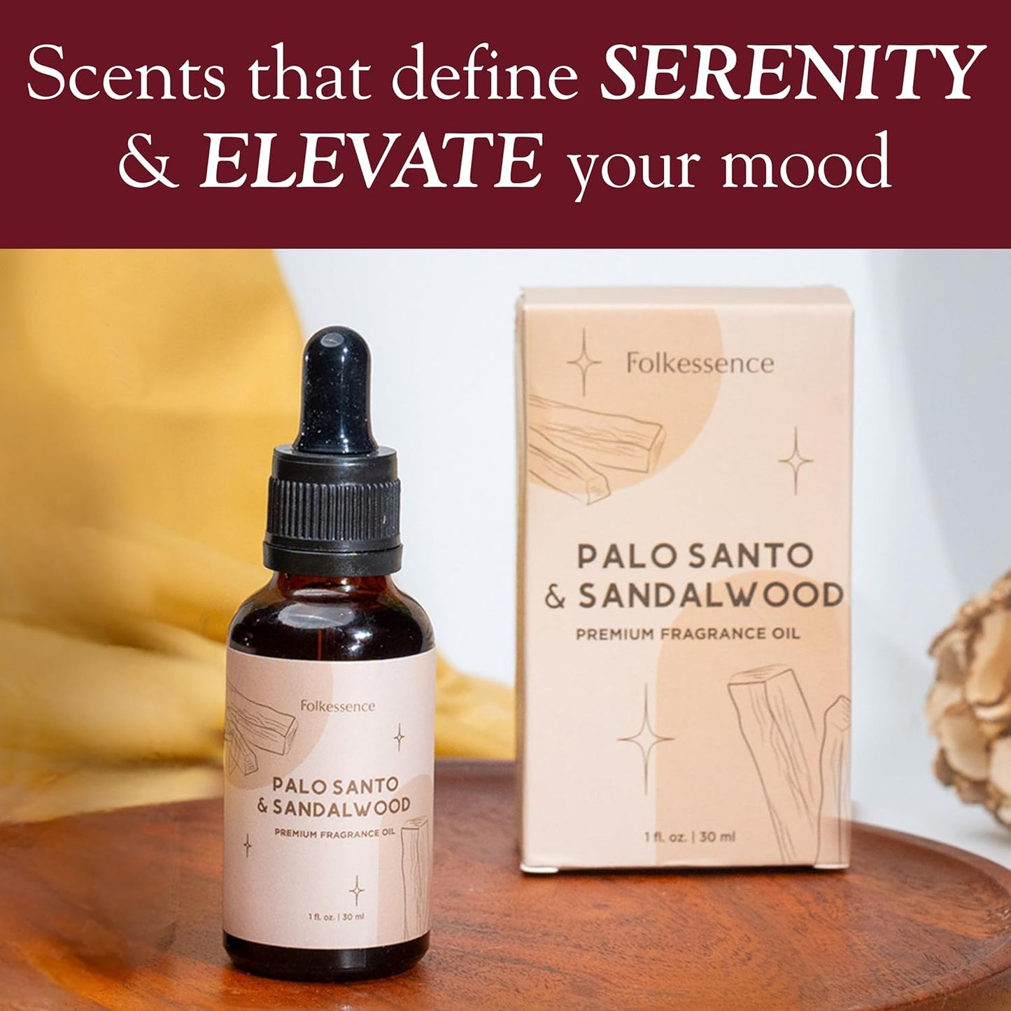 Folkulture Premium Essential Oil Blends for Diffuser for Home | 1.01 Fl Oz Sandalwood Essential Oils for Aromatherapy | Palo Santo Fragrance Oils for Soap & Candle Making Scents or Massage