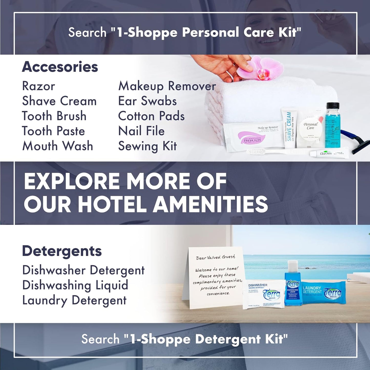 1-Shoppe All-in-Kit | Personal Care Kit Frosted Sachet Wrap | Hotels and Vacation Rentals | (Case of 50)