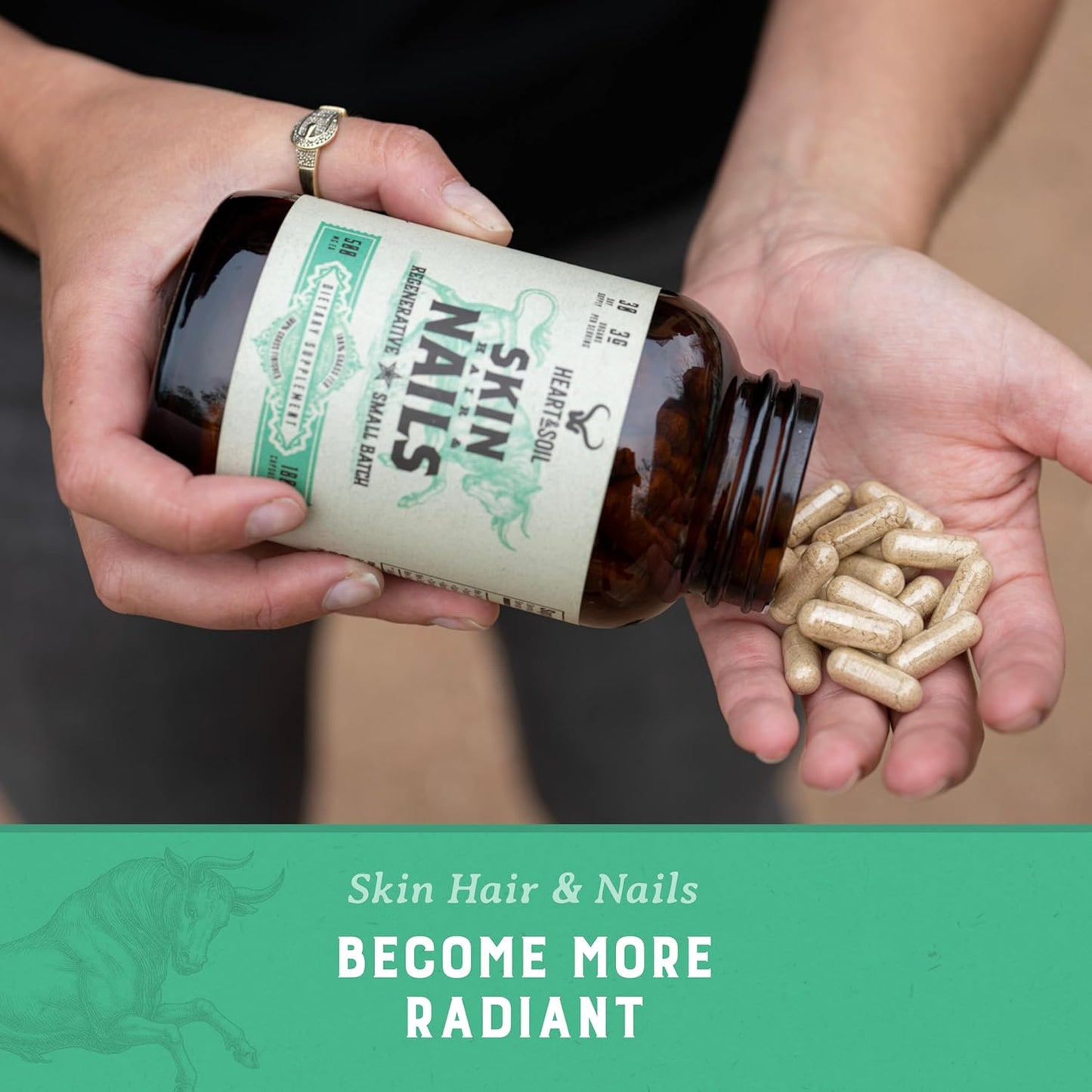 HEART & SOIL – 3000mg Skin, Hair and Nails Support Supplement with Grass Fed Beef Liver, Bone Marrow, Cartilage, Biotin, Collagen, Vitamins A, Riboflavin, Elastin – 180 Capsules
