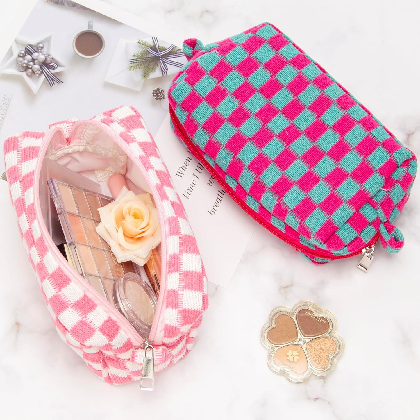 PAZIMIIK Checkered Makeup Bag for Purse Portable Zipper Make Up Pouch Small Cosmetic Case for Travel Accessories (2PCS Magenta Green)