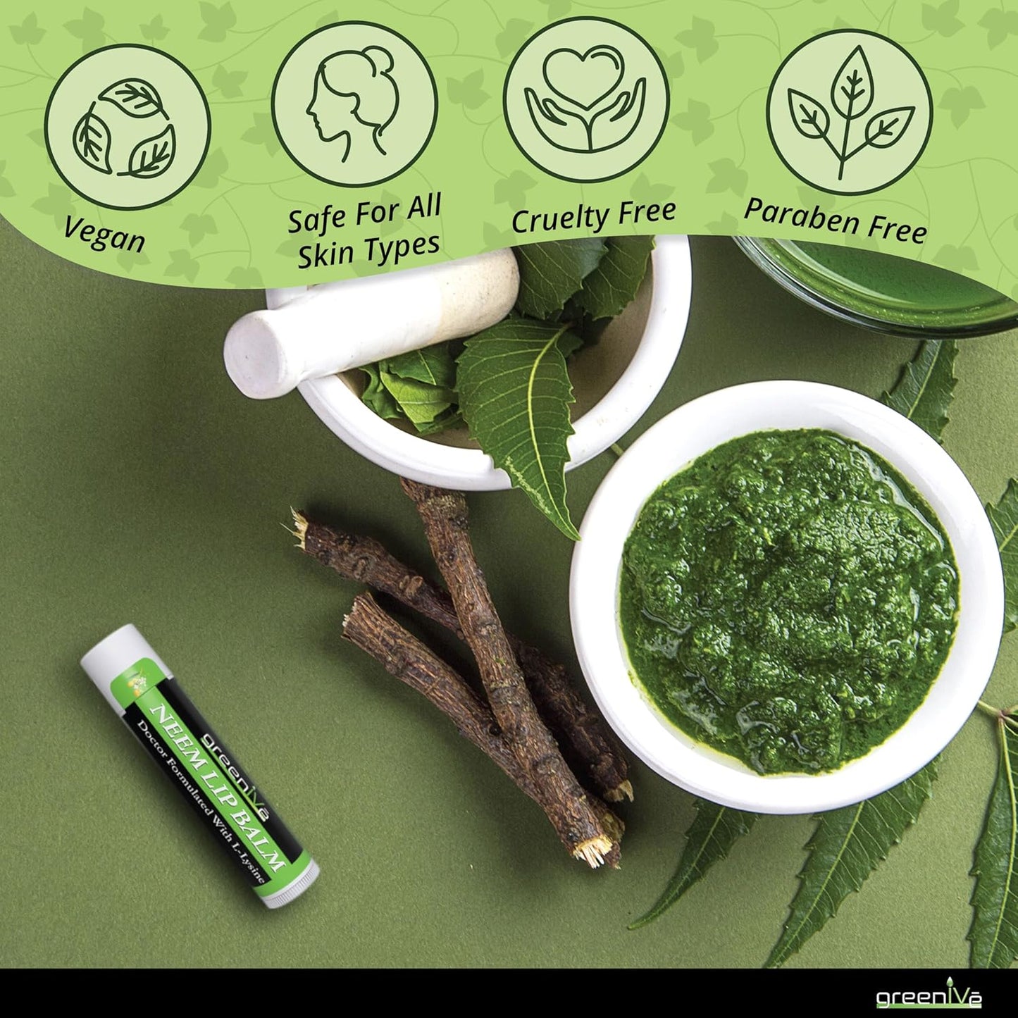 GreenIVe Neem Lip Balm, Vegan Lip Moisturizer with L-Lysine, Soothe and Soften (5)