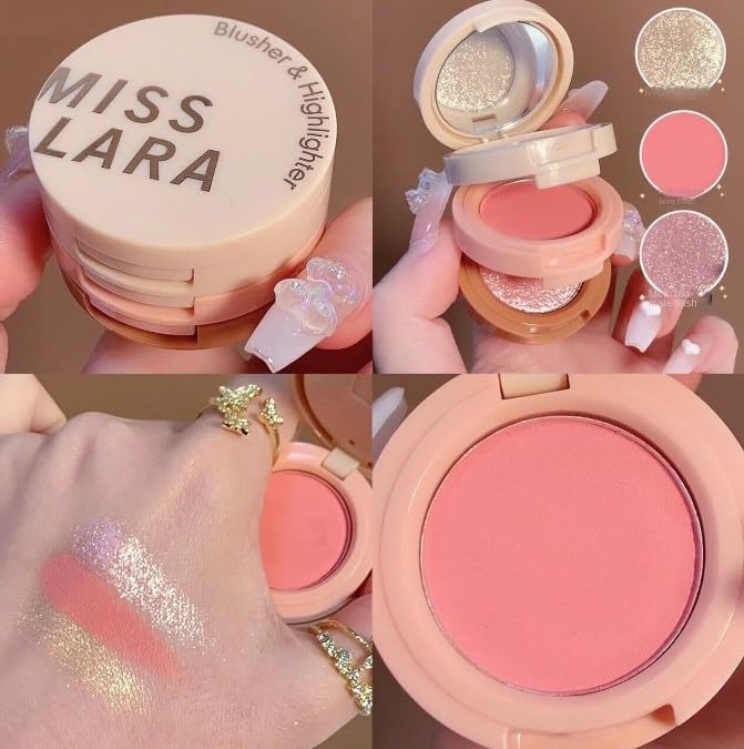 3-in-1 Blendable Trio, Eyeshadow, Blush and Highlight Makeup Palette, Silky Smooth Powder Blush, Shimmer Eyeshadow & Highlighter Makeup Palette with Mirror - Pink & Nude