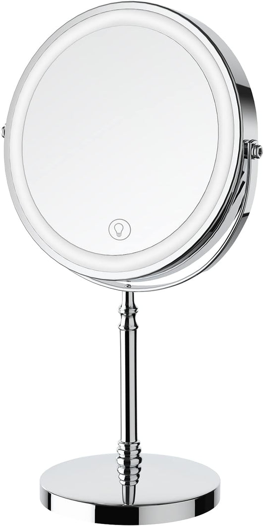 Lighted Makeup Mirror, 3000 mAh Rechargeable Double Sided Magnifying Vanity Mirror with 3 Colors, 1x/10x, 360° Rotation , Brightness Adjustable Magnification Cosmetic Light up Mirror, Women Gift