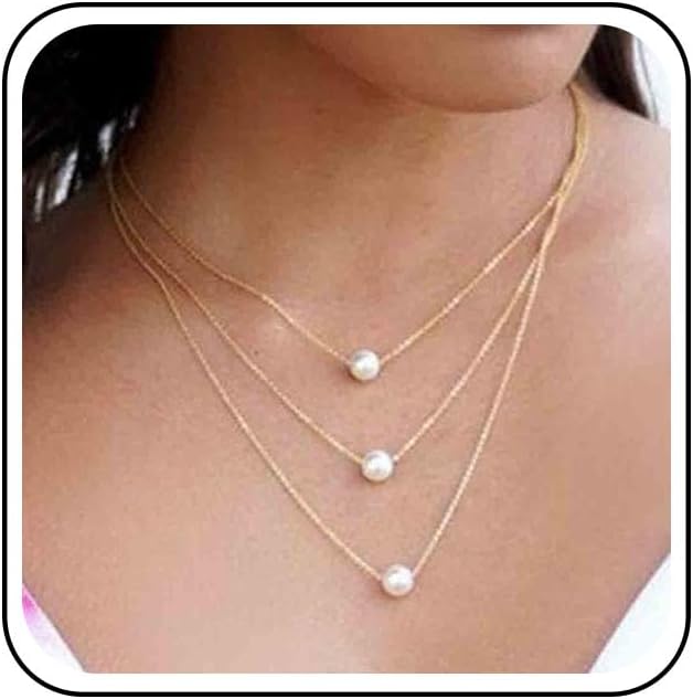 Boho Layered Pearl Necklace Choker Gold Pearl Pendant Necklace Multi Layer Vintage Necklace Chain Bridal Necklace Jewelry for Women and Girls