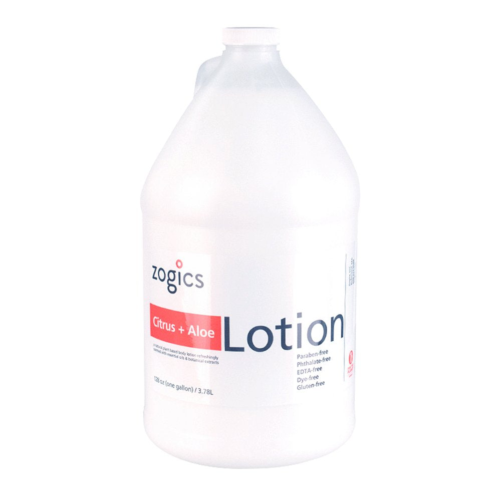 Zogics Moisturizing Body Lotion, Hydrating Body Lotion for Women and Men, Nourishing Formula Made with Essential Oils, Great for Refillable Lotion, Citrus and Aloe Scent (4 Gallons/Case)
