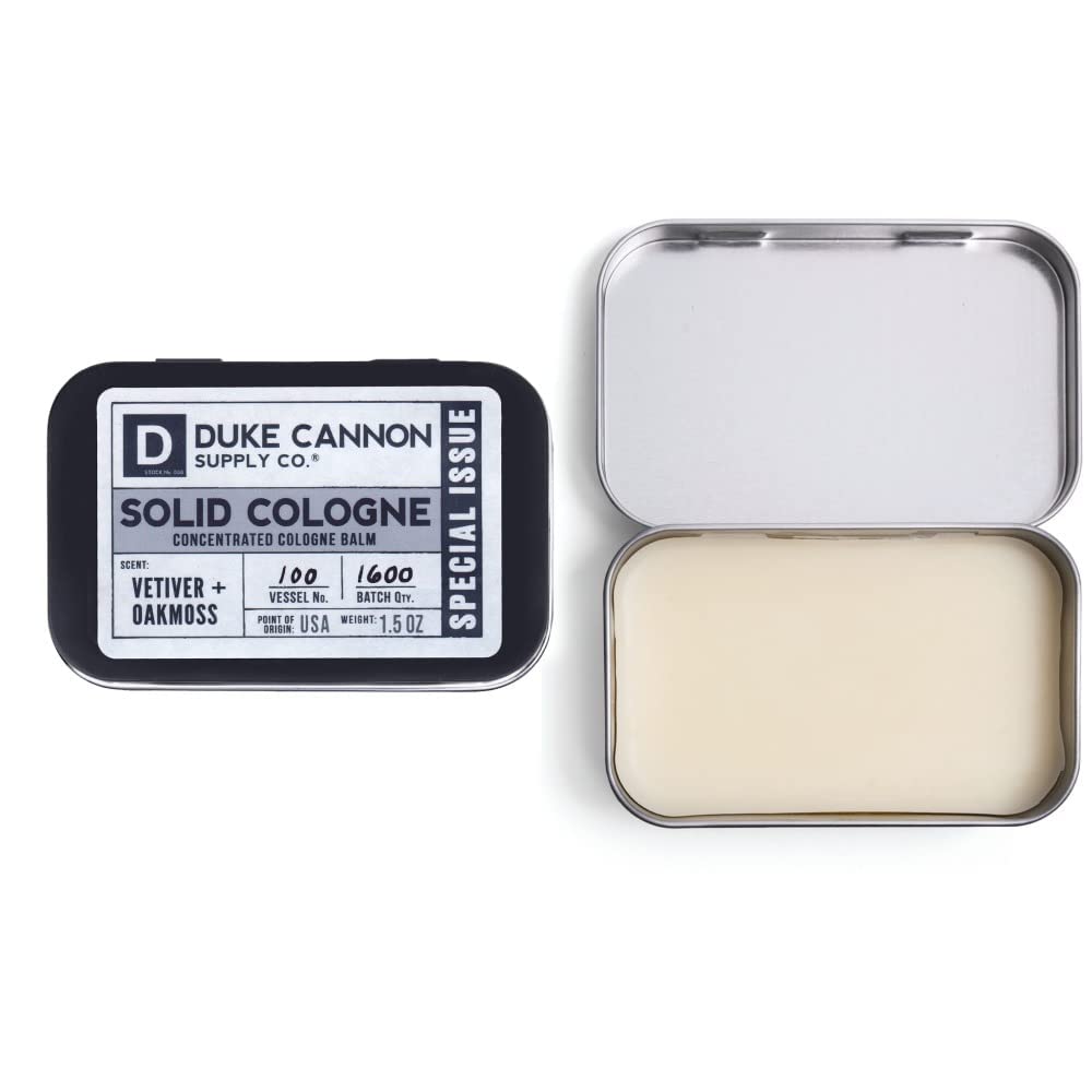 Duke Cannon Supply Co. Solid Cologne for Men Special Issue Vetiver and Oakmoss (Fresh Air, Sandalwood) - Concentrated Balm, Travel-Friendly Tin, 1.5 oz