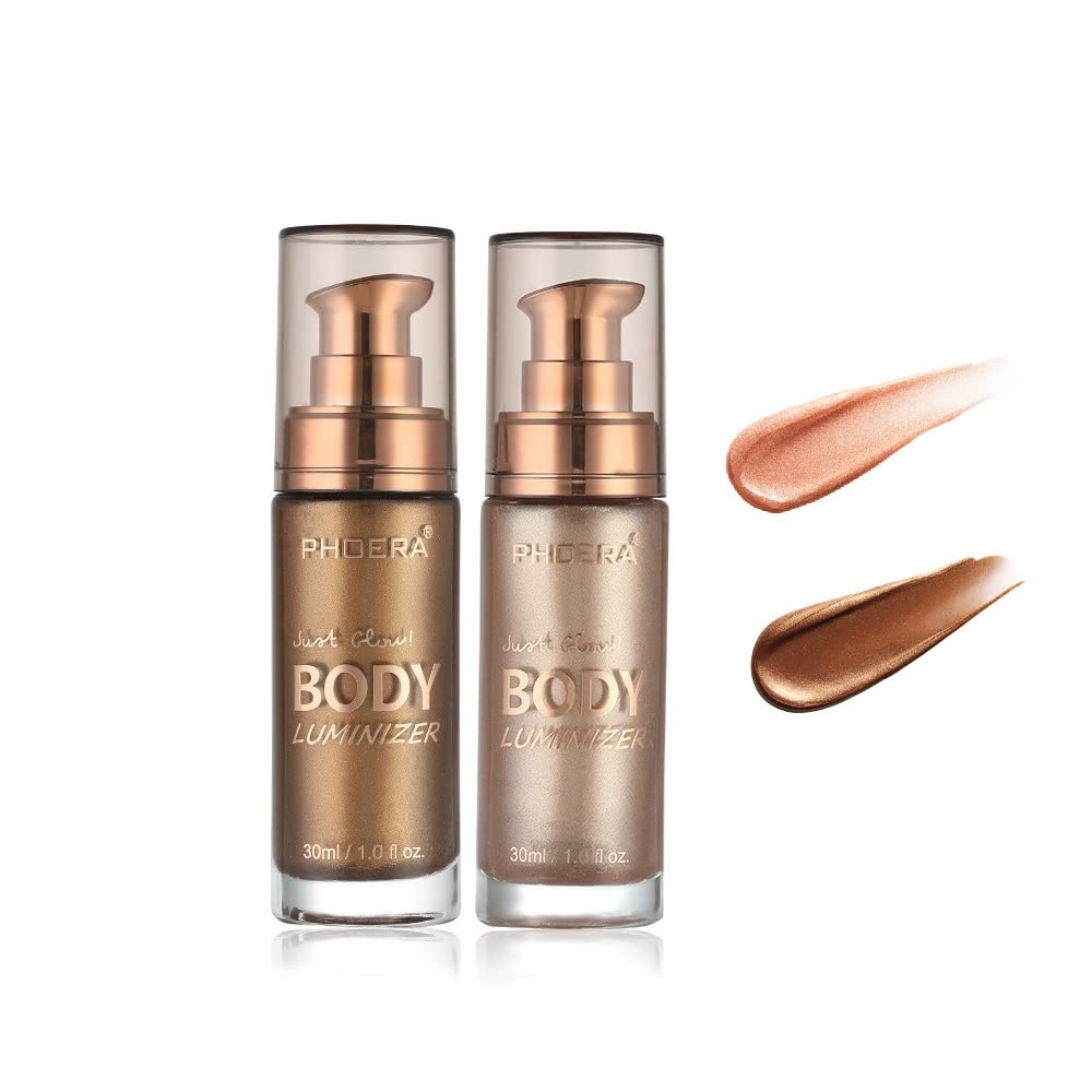 2 Pack PHOERA Body Luminizer, High Gloss Waterproof Body Luminizer Glitter Face Shimmer Moisturizer Lotion Tan Cream Foundation Makeup Bronzer(101 Rose Gold+103 Glistering Bronze)