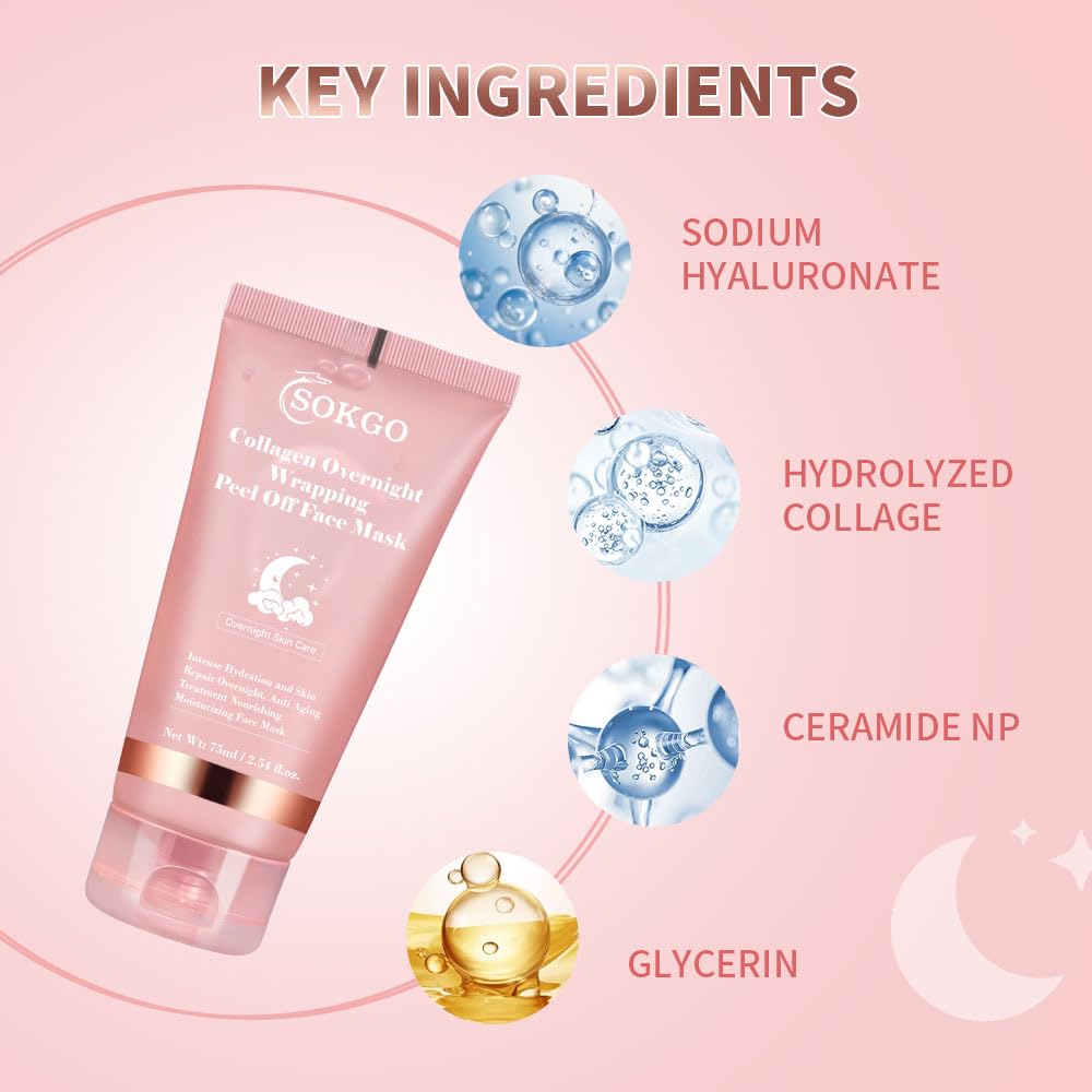 Collagen Overnight Wrapping Mask, Intensive Hydration Anti Aging Overnight Skin Treatment, Boosts Elasticity and Firmness, Revitalizes Dull Skin Reduces Fine Lines and Wrinkles (2PCS)