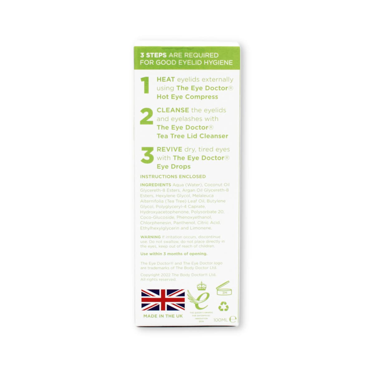 The Eye Doctor Tea Tree Lid Cleanser 100ml – Daily Eyelid Hygiene Remove Debris & Make-up Eyelid Eyelashes – For Sensitive Eyes – Contains Tea Tree Oil Argan Oil Coconut Oil & Micellar Water
