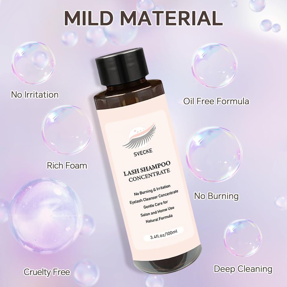 Lash Concentrate Shampoo 100ml for Lash Extension, Lash Shampoo Kit for Eyelash Cleansing, Oil-Free Eyelash Extension Cleanser Concentrate, Lash Cleaning Kit with Brush Bottle