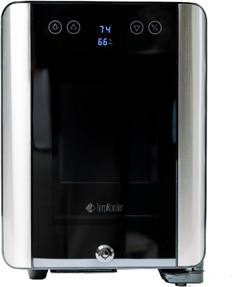 Essential Cooler Compact Portable Mini Fridge with Temp & Humidity Control, 3 USB Ports, Smoked Glass Shelves, Lockable UV Glass Door for Herbs, Oils, Cosmetics, and More
