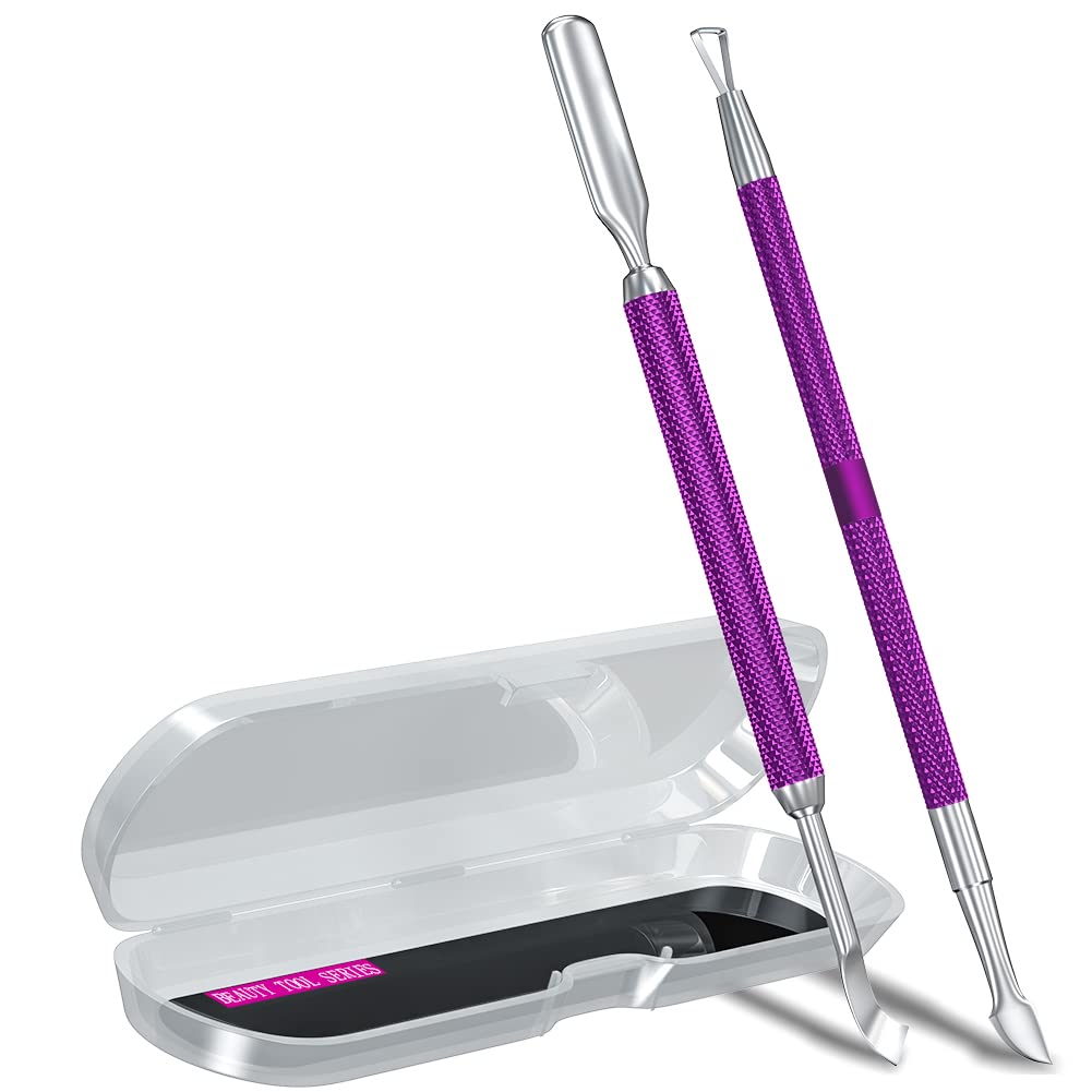 2PCS Metal Deep Purple Cuticle Pusher and Cutter Remover Salon Quality Stainless Steel Gel Nail Polish Peeler Scraper Durable Manicure and Pedicure Cleaner Tool For Fingernail and Toenail