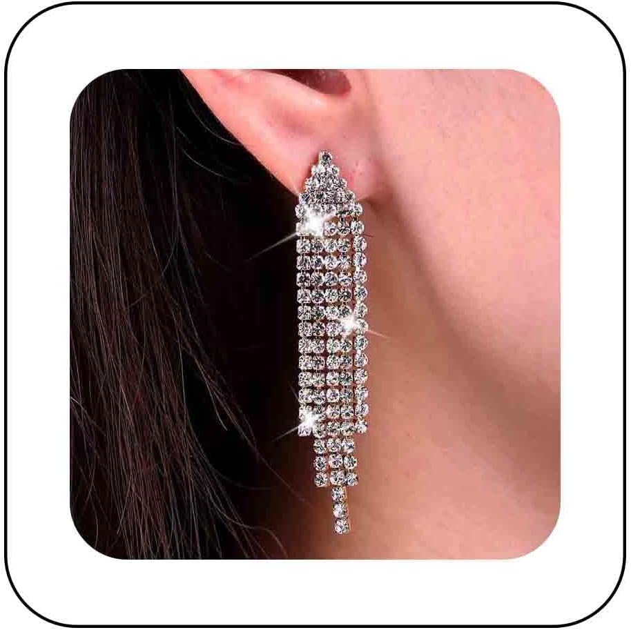 Vintage Rhinestone Chandelier Tassel Earrings Crystal Chain Drop Earrings Gold Long Tennis Chain Earrings Shine Chandelier Bridal Earrings Jewelry for Women