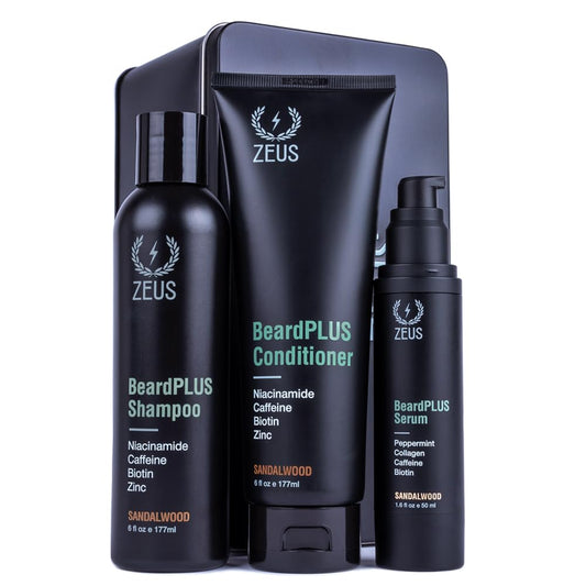 ZEUS BeardPLUS Essential Beard Growth Set for Men, Hair Growth Treatment, Shampoo, Conditioner & Serum for Thicker & Stronger Facial Hair with Biotin & Caffeine (Made in USA) 3-Piece Set
