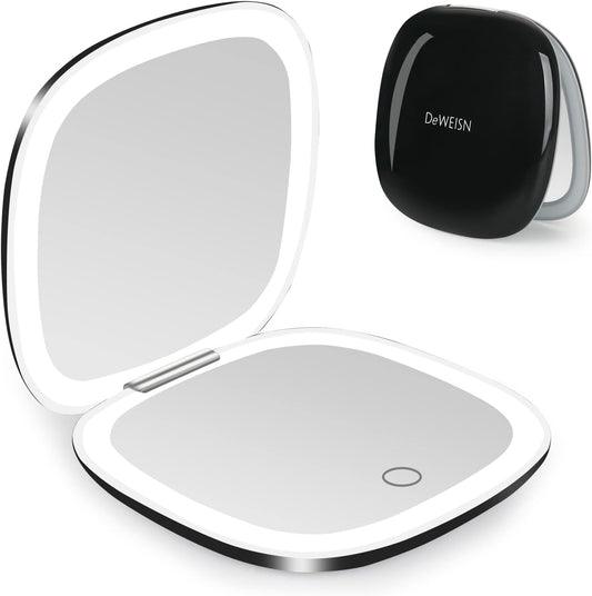 deweisn Compact Mirror, Lighted Travel Makeup Mirror with 1X/10X Magnifying Double Sided Dimmable Portable Pocket Mirror for Handbag, USB Charging(Black)