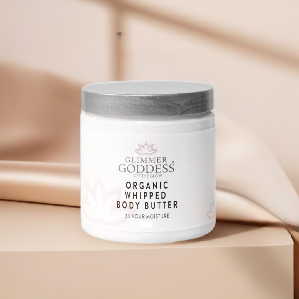 Glimmer Goddess Organic Whipped Body Butter for Women - Moisturizer Cream with Shea & Cocoa Butter, Almonds & Coconut Oil - Lavender, 8oz