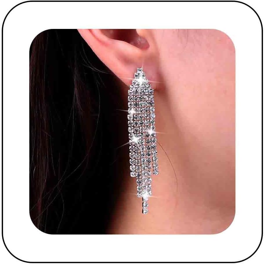 Vintage Rhinestone Chandelier Tassel Earrings Crystal Chain Drop Earrings Gold Long Tennis Chain Earrings Shine Chandelier Bridal Earrings Jewelry for Women