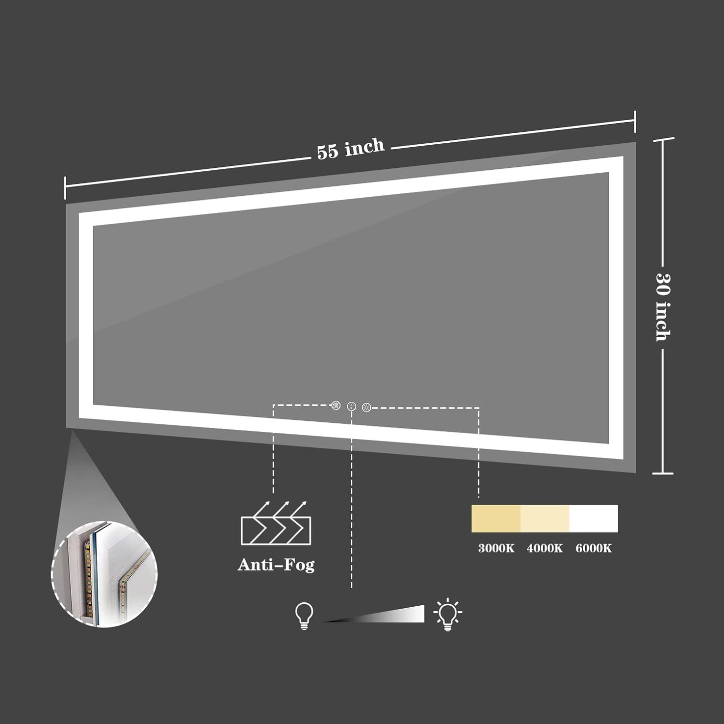 Amorho LED Bathroom Mirror 55" X30", Front Light and Backlit Vanity Mirror, Dimmable Bathroom Mirrors for Wall, Anti-Fog, Memory, 3 Colors, Double LED Lights, Shatter-Proof, ETL Listed