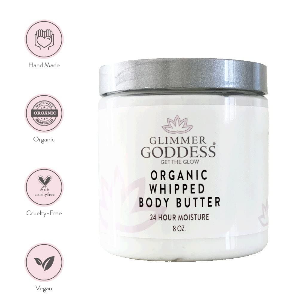 Glimmer Goddess Organic Whipped Body Butter for Women - Moisturizer Cream with Shea & Cocoa Butter, Almonds & Coconut Oil - Citrus Mango, 8oz
