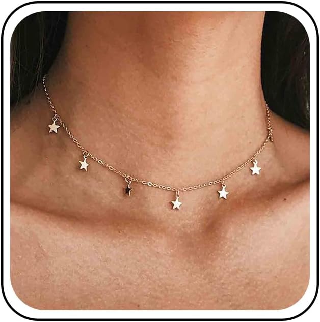 Boho Star Choker Necklace Gold Star Dangle Necklace Chain Short Minimalist Necklace Gold Collarbone Necklace Jewelry for Women Gifts