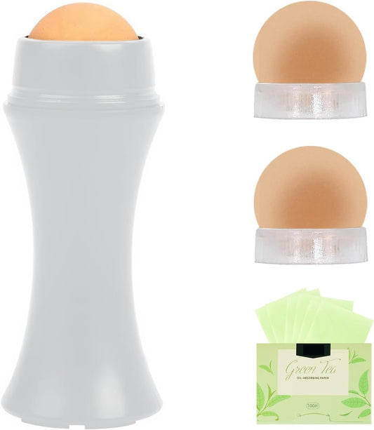 Oil-Absorbing Volcanic Face Roller set with blotting paper and 2PC Replaceable Volcanic Balls,Reusable Portable Oily Skin Control Roller, Instant Results Remove Excess Shine Rolling (White Set)