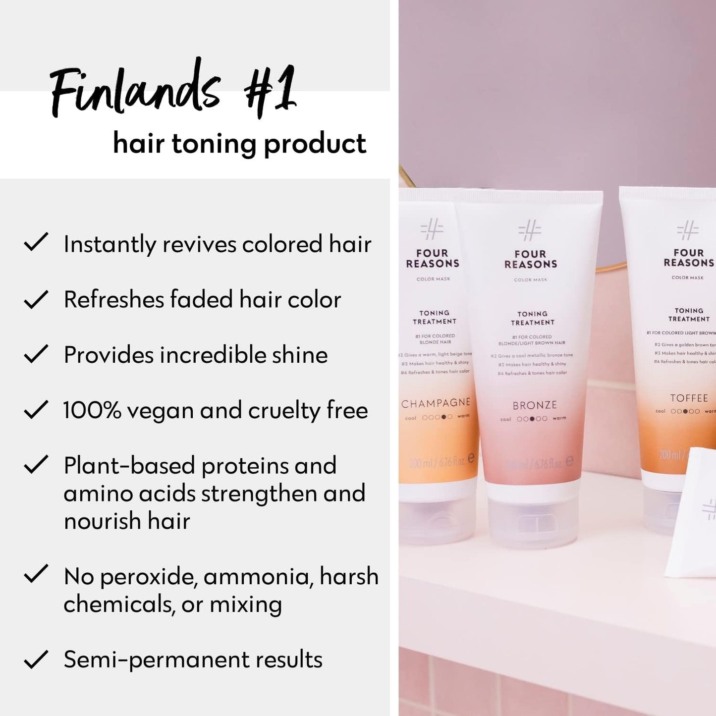 FOUR REASONS Color Mask - Bronze - (19 Colors) Toning Treatment, Color Depositing Conditioner, Tone & Enhance Color-Treated Hair - Semi Permanent Hair Dye, Vegan and Cruelty-Free, 6.76 fl oz