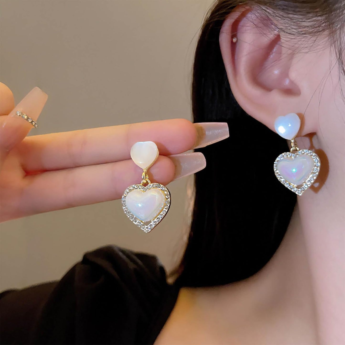 Vintage Rhinestone Heart Drop Earrings Opal Heart Stud Earrings Moonstone Heart Earrings Gold Crystal Heart Dangle Earrings Jewelry for Women