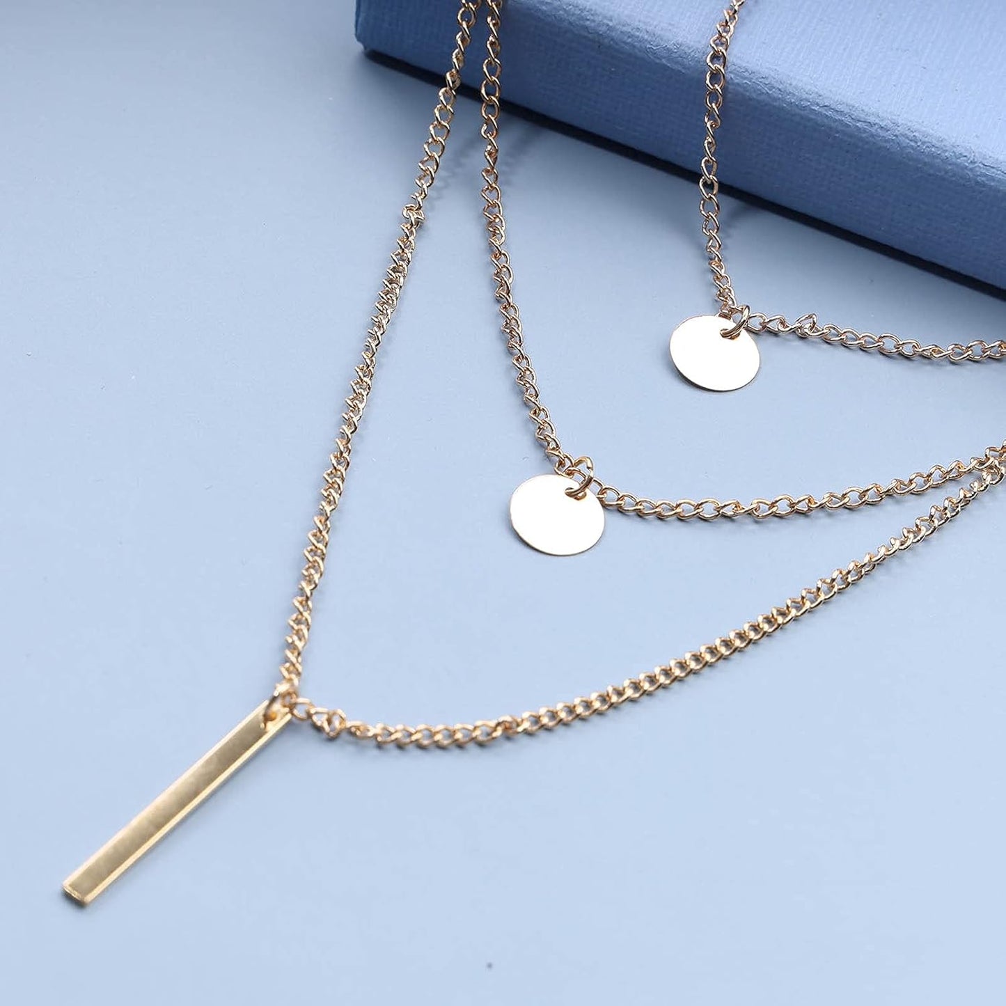 Boho Layered Coin Bar Necklace Gold Disc Pendant Necklace Chain Multi Layer Vintage Necklace Jewelry for Women and Teen Girls