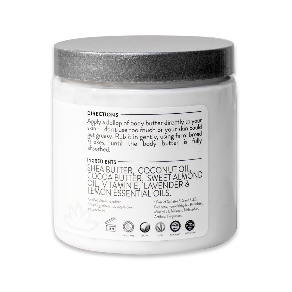 Glimmer Goddess Organic Whipped Body Butter for Women - Moisturizer Cream with Shea & Cocoa Butter, Almonds & Coconut Oil - Lavender, 8oz