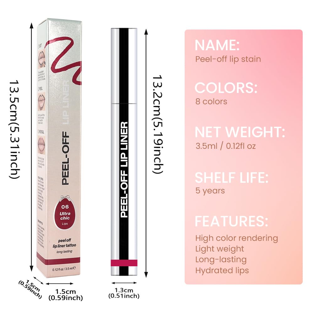 Matte Lip Gloss Stain-Peel Off Lip Liner Tattoo, Pinkish Red Lip Tint，Long Lasting Peel Off Lip Stain, Waterproof Transfer-proof Lip Mask Lip Liner Peel Off Lip Gloss,Stayn Lip Makeup. #06