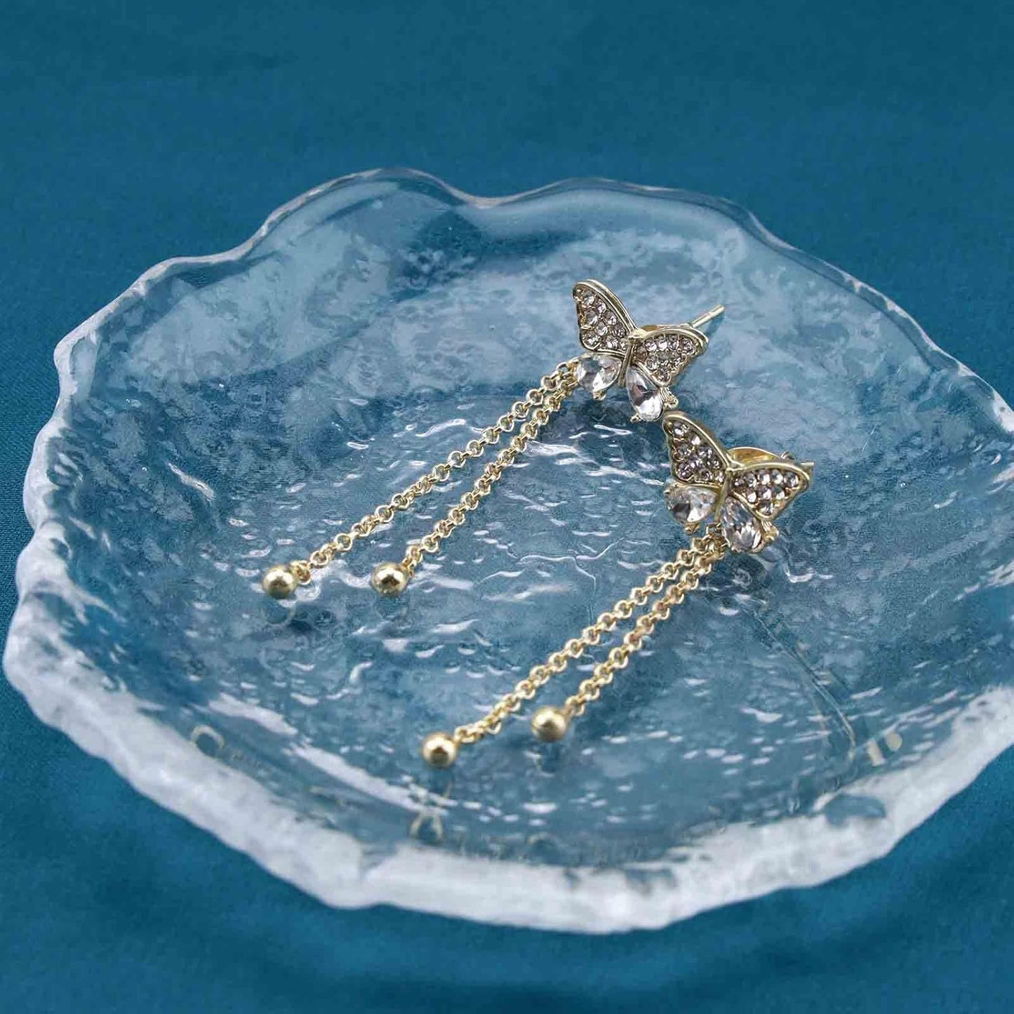 Vintage Crystal Butterfly Stud Earrings Gold Long Chain Earrings Thin Drop Chain Earrings Cz Paved Butterfly Earrings Retro Hanging Chain Earrings Jewelry for Women and Girls