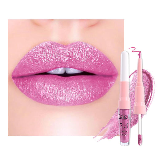 Kaely 2-in-1 Light Rose Pink Metallic Lipstick and Lip Liner, Shimmer Liquid Metallic Lipsticks for Women, Glitter Lip Gloss Stain Long Lasting Waterproof Smudge Proof 24 Hour, Vegan Makeup, 10
