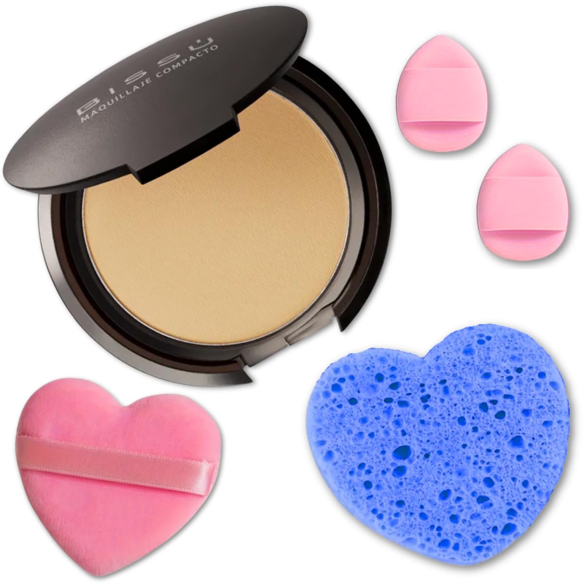 Beetbul Makeup & Exfoliation Kit - Bissú Compact Powder + 1 Medium Velvet Puff + 2 Finger Puffs + 1 Facial Exfoliating Sponge (11 Almond, One Size)