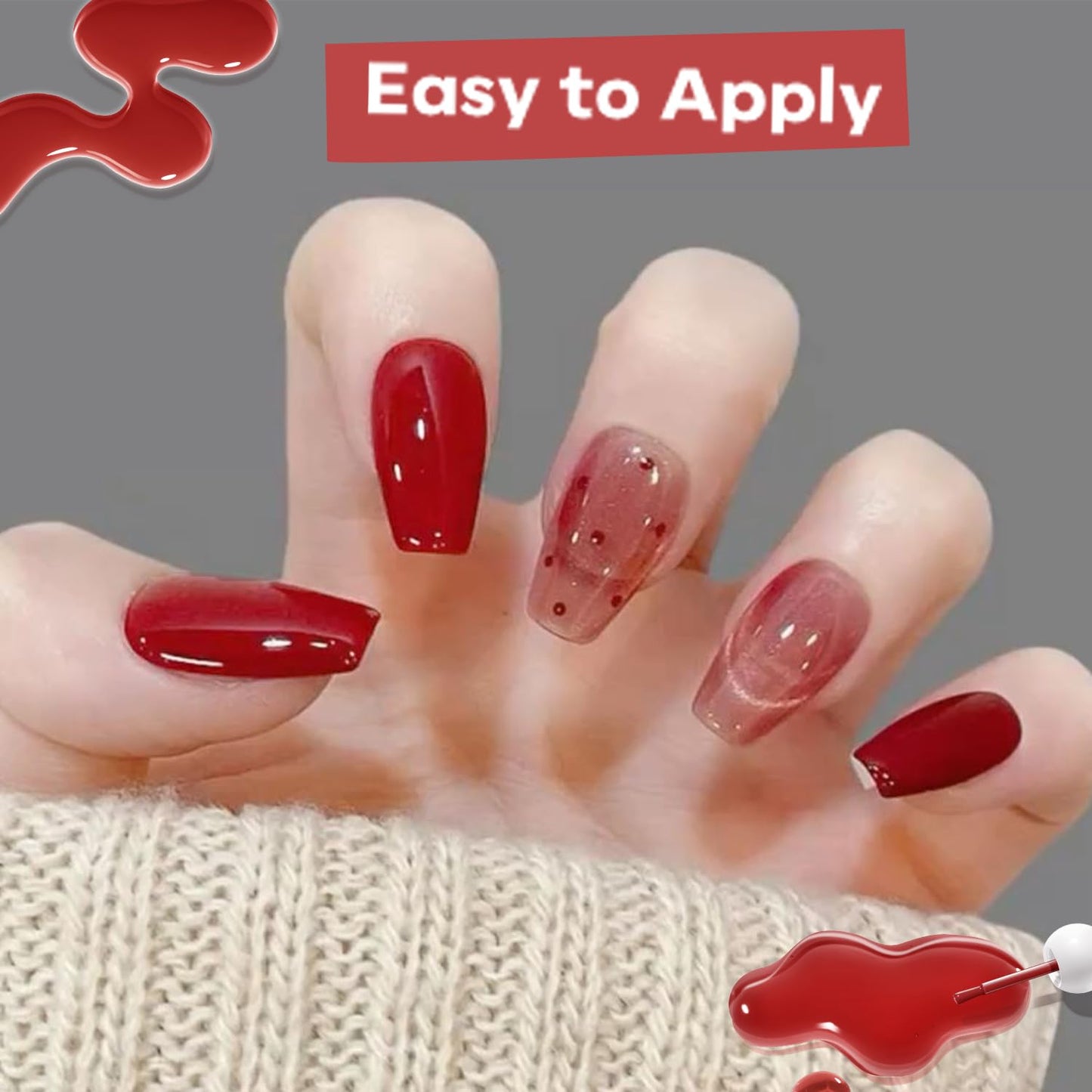 modelones Jelly Red Nail Polish, Sheer Dark Red Clear Translucent Semi-Transparent 15 ml Quick Dry Nail Lacquer Strengthener Long Last Finger Toe Nail Art DIY Manicure Gift for Women Girls 0.5 Fl Oz