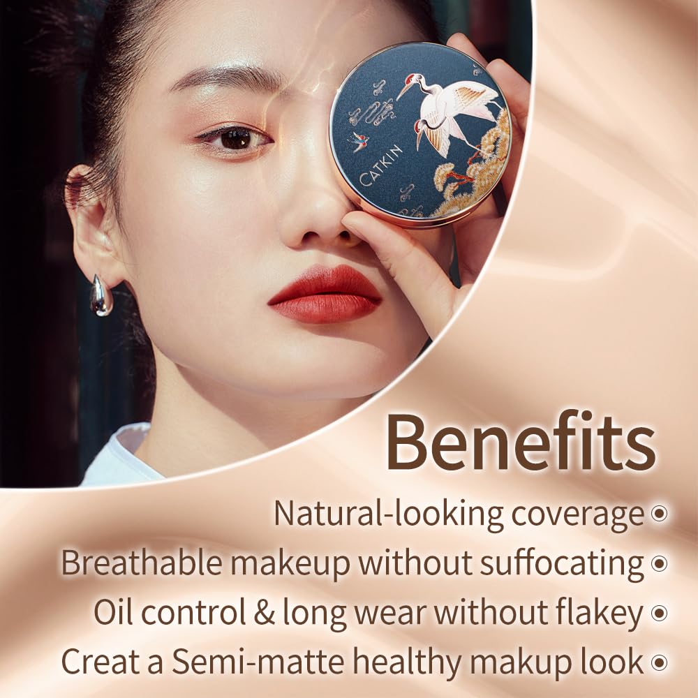 Catkin Phoenix Cushion Foundation Buildable Coverage Anti-Aging Serum Makeup, Sheer Satin Finish, Refill Included, Light Beige 0.46 Oz x 2, C01 NATURAL