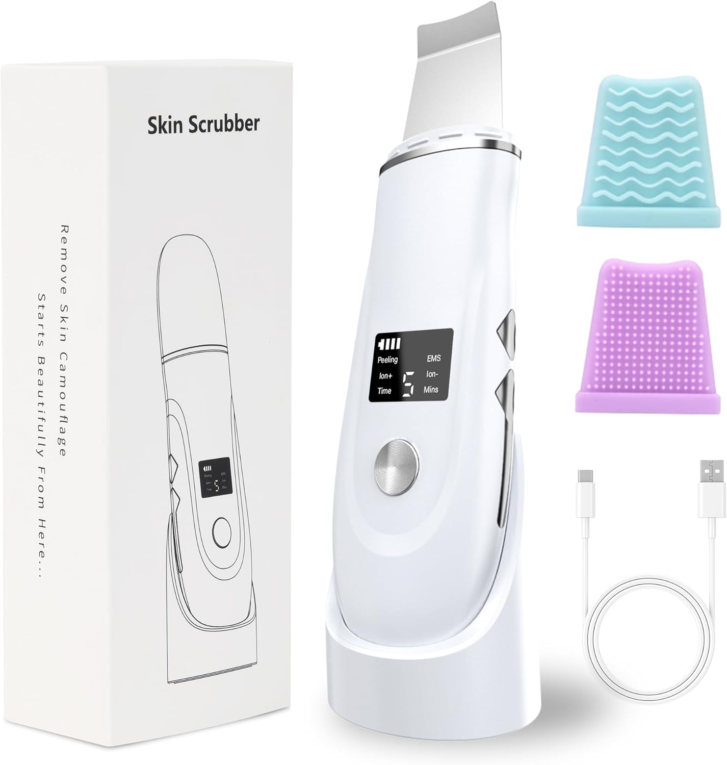 Face Scrubber Skin Spatula - Blackhead Remover Deep Cleansing Tool for Pore Extraction, 4-in-1 Fast Charging Dock Blackhead Remover Face Spatula for Facial Skincare Women Gift (White)