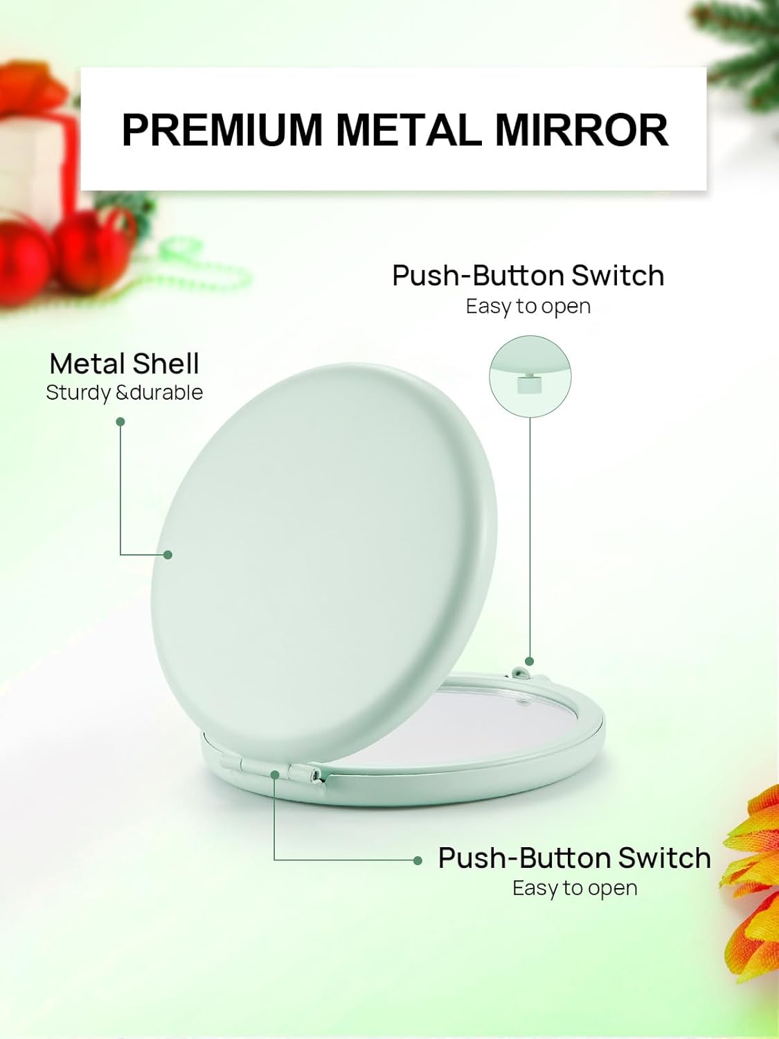 Compact Mirror for Purse, Pack of 6 Double-Sided 1X/2X Magnifying Metal Pocket Makeup Mirrors(Round, Cyan)