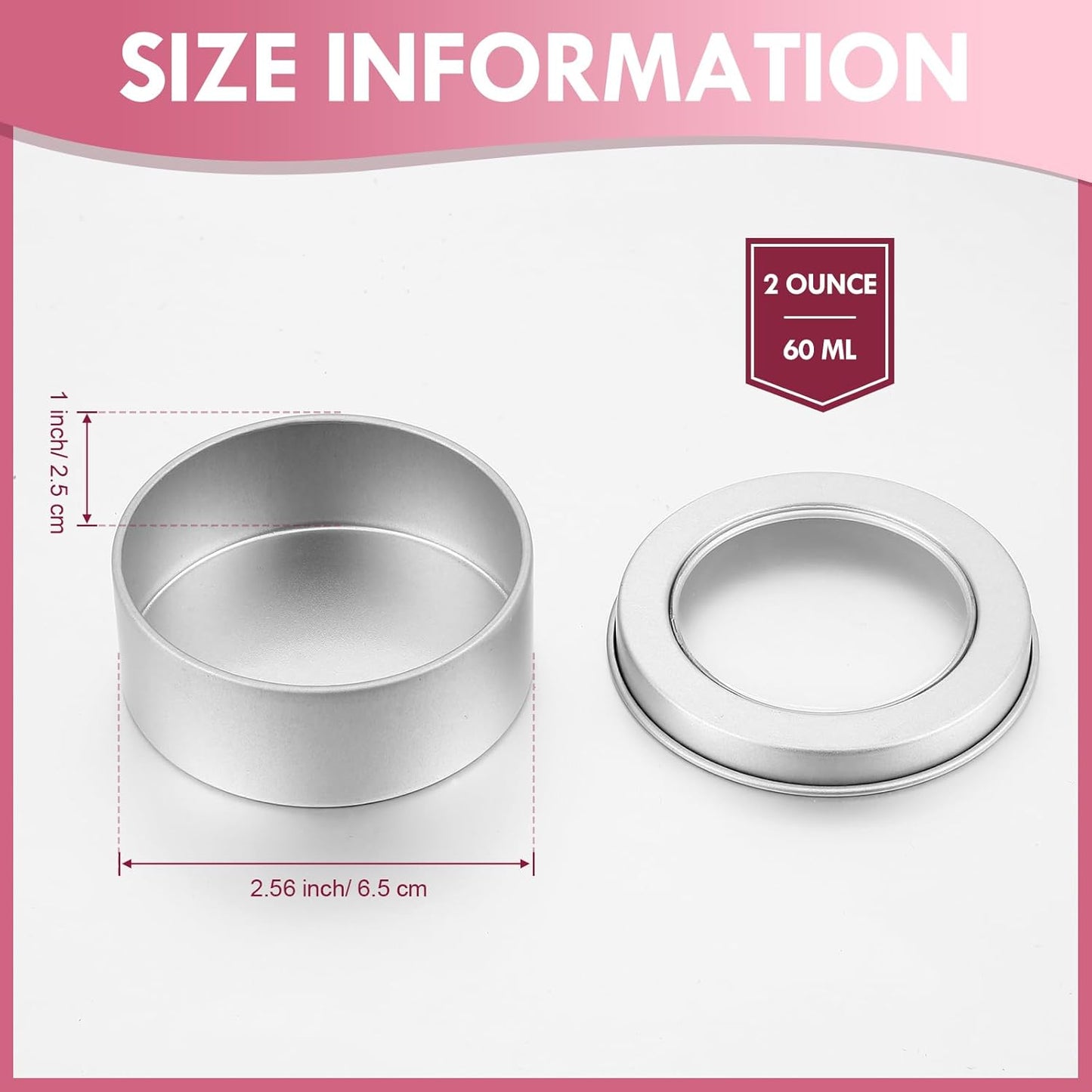 TecUnite 100 Pack 2 Ounce Metal Tin Cans Round Empty Container Salve Tins with Clear Lid for Kitchen, Office, Candles, Candies