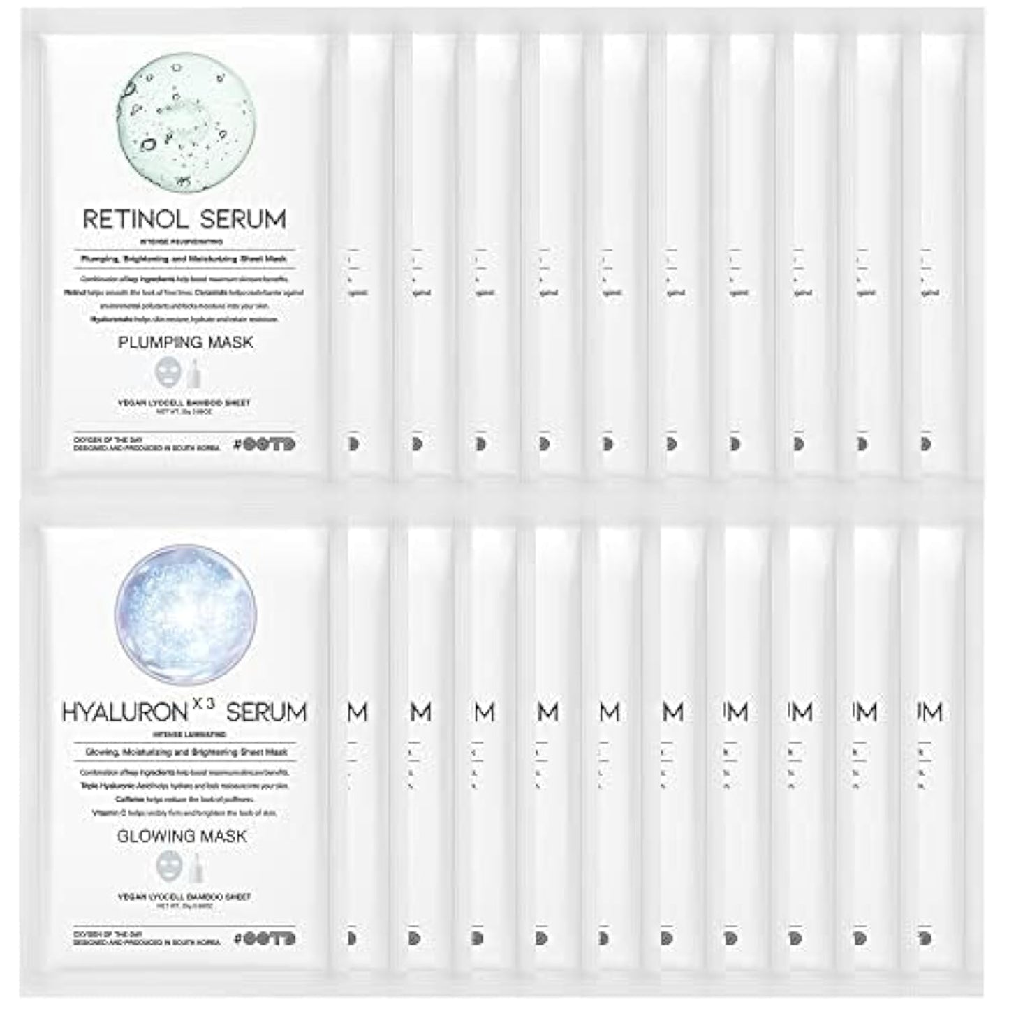 #OOTD Retinol + Hyaluron Serum Korean Sheet Mask Sheet Gift Pack [20 Count] Plumping Glowing Luminating Hydrating Rejuvenating Sheet Mask Gift Pack